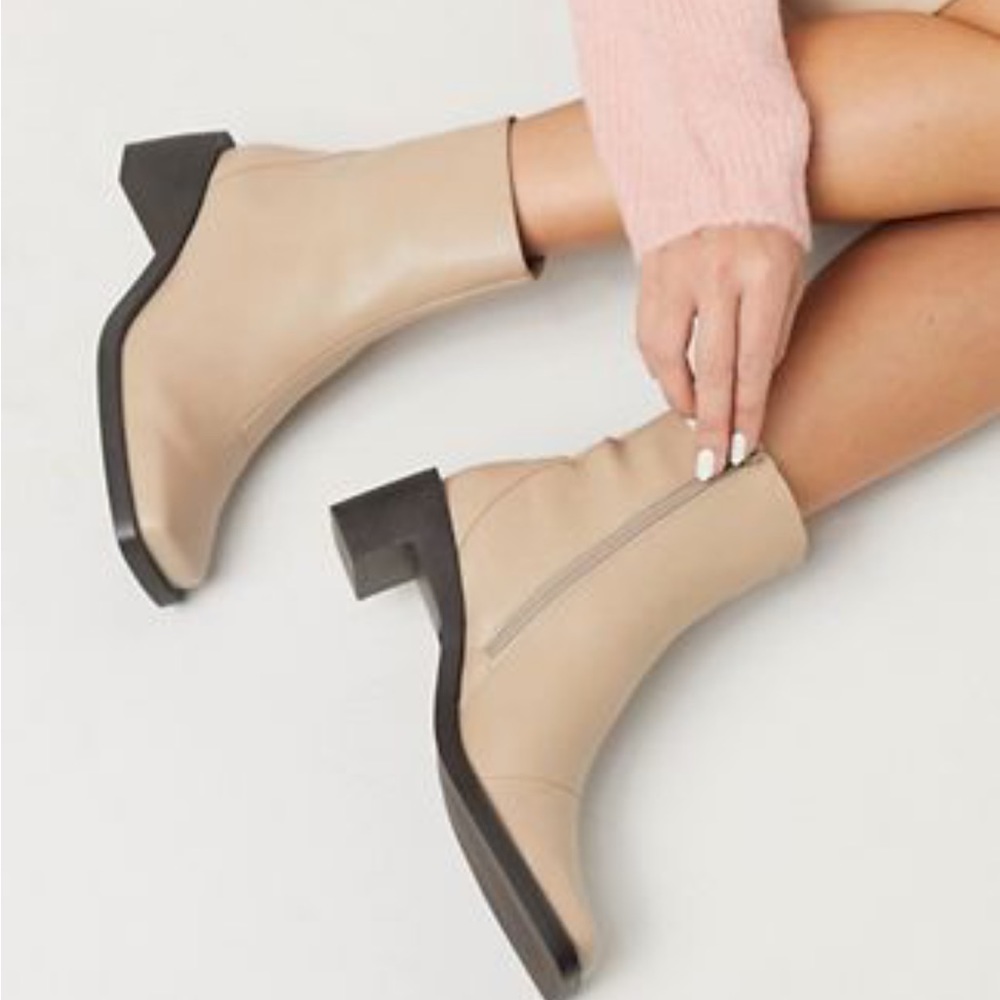 Truffle Collection faux leather square toe mid heel ankle boots in beige
